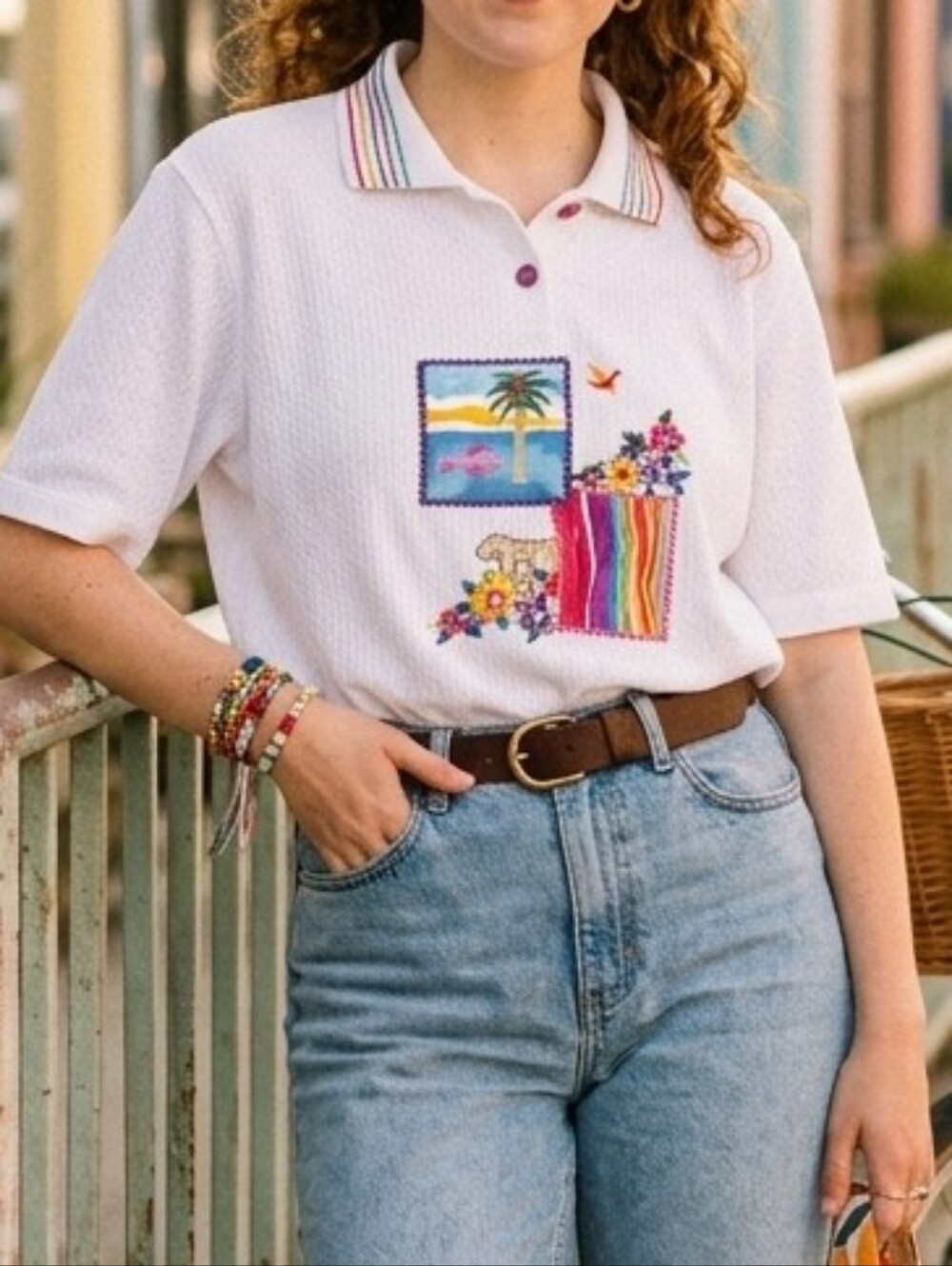 Vintage Napa Valley Tropical Patchwork Embroidered Polo Top White Size Medium